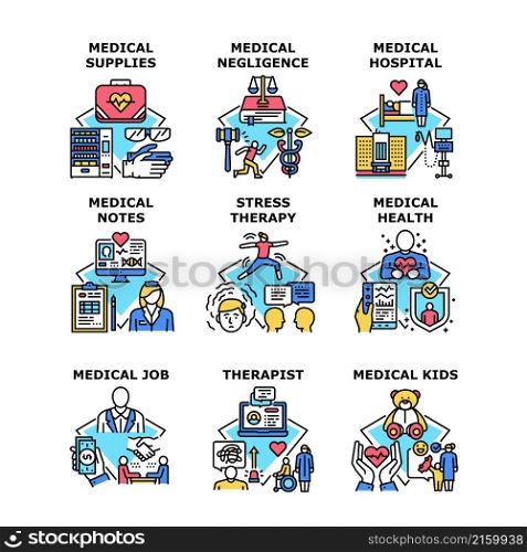 Medical service, hospital, negligence, supplies, health, Stress therapy, Therapist, Medical notes, Medical kids, Medical job vector concept color illustration. Medical service concept icon vector illustration