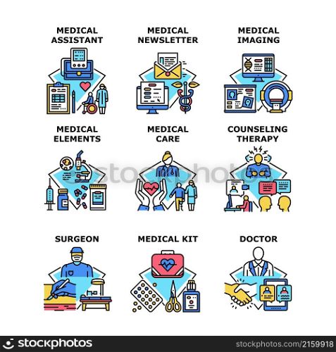 Medical service, newsletter, care, Counseling therapy, kit, assistant, Doctor, Surgeon, imaging, elements vector concept color illustration. Medical service concept icon vector illustration