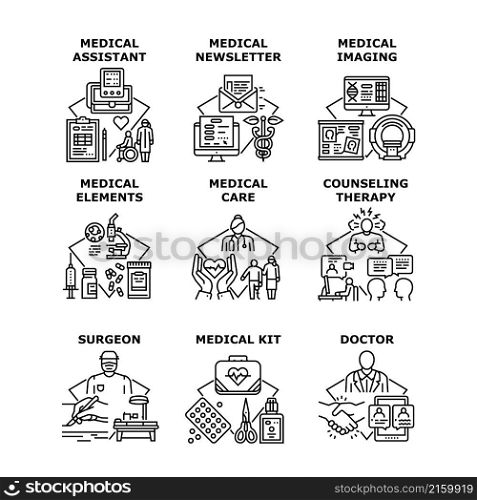 Medical service, newsletter, care, Counseling therapy, kit, assistant, Doctor, Surgeon, imaging, elements vector concept black illustration. Medical service concept icon vector illustration