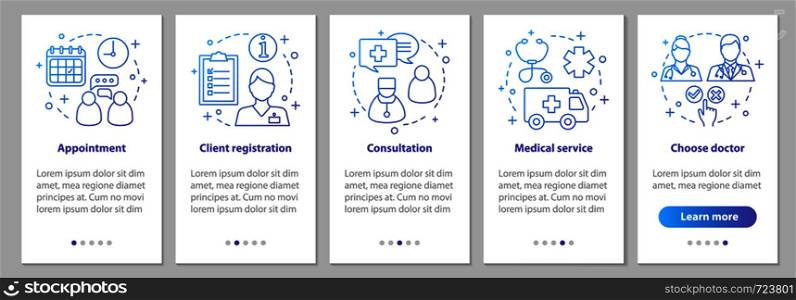 Medical service onboarding mobile app page screen with linear concept. Medicine. Private clinic steps. Medical appointment. Doctor consultation. UX, UI, GUI vector template with illustrations. Medical service onboarding mobile app page screen with linear co