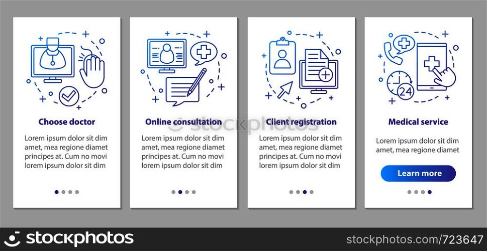 Medical service onboarding mobile app page screen with linear concepts. Doctor online consultations steps graphic instructions. Medical appointment. UX, UI, GUI vector template with illustrations. Medical service onboarding mobile app page screen with linear co