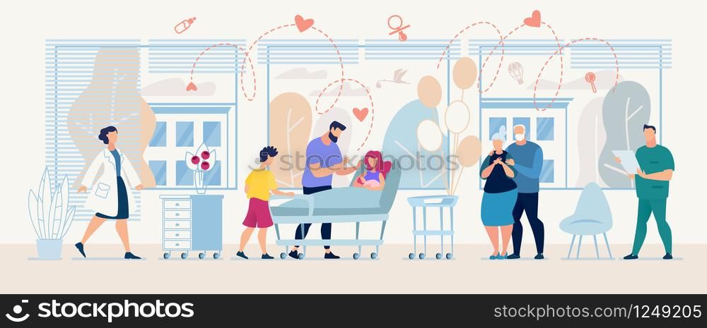 Medical Service with Doctors and Patient in Clinic Banner Template Vector Healthcare Medic Fast Diagnosis Consultation Flat Illustration Family with Ill Mother Hospital Ward Specialist Ready Consult. Medical Service with Doctors and Patient in Clinic