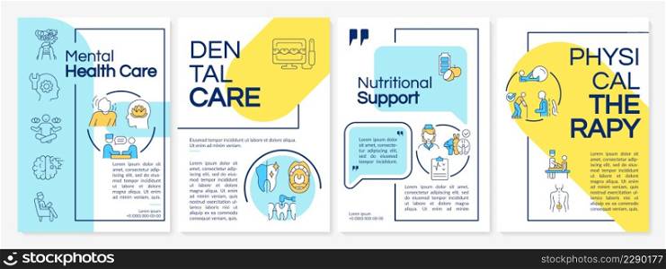 Medical services blue and yellow brochure template. Patients care. Leaflet design with linear icons. 4 vector layouts for presentation, annual reports. Questrial, Lato-Regular fonts used. Medical services blue and yellow brochure template
