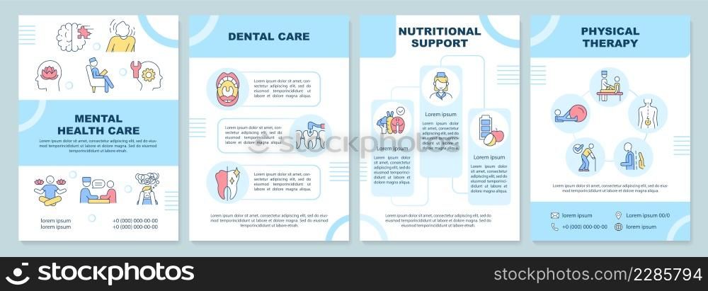 Medical services blue brochure template. Patients care. Leaflet design with linear icons. 4 vector layouts for presentation, annual reports. Arial-Black, Myriad Pro-Regular fonts used. Medical services blue brochure template