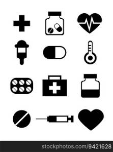 Medical set, icon vector. Heart and cardiogram,πlls and medici≠s, syrin≥andπpette, thermometer and first aid kit, red cross.