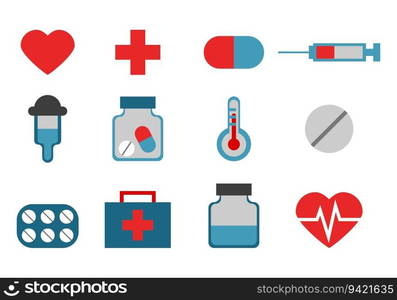 Medical set, vector. Heart and cardiogram, pills and medicines, syringe and pipette, thermometer and first aid kit, red cross.