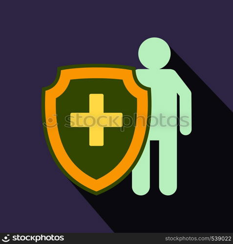 Medical shield icon in flat style on a violet background. Medical shield icon, flat style