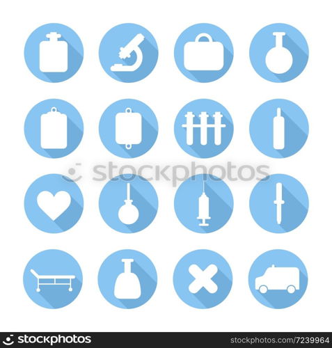 Medical silhouette pictogram and health vector colorful icons set with long shadow. Design elements. Illustration in flat style.