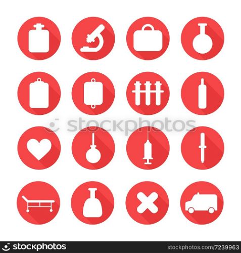 Medical silhouette pictogram and health vector icons set with long shadow. Design elements. Illustration in flat style.