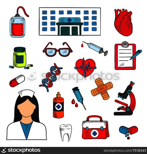 Medical sketched icons of doctor and medicine bottles, syringes and human hearts, glasses and blood bag, microscope, first aid kit, DNA and healthy tooth, plaster and clipboard with pen. Hospital, doctor and medical icons