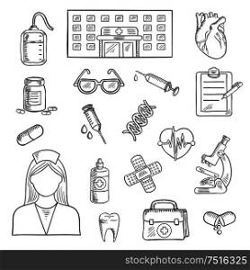 Medical sketched icons of hospital building, doctor and first aid kit, glasses and microscope, medicine bottles and blood bag heart, syringe and DNA, plaster and clipboard, pen and tooth. Hospital and medicine sketch objects