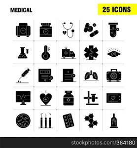 Medical Solid Glyph Icons Set For Infographics, Mobile UX/UI Kit And Print Design. Include: Ambulance, Medical, Healthcare, Hospital, Heart, Medical, Scanner, Statistic, Eps 10 - Vector