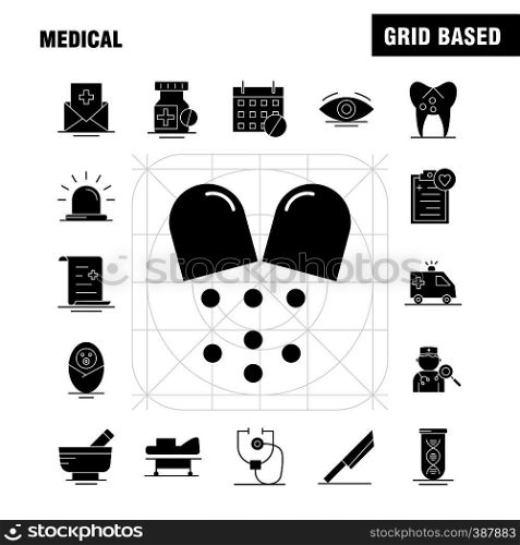 Medical Solid Glyph Icons Set For Infographics, Mobile UX/UI Kit And Print Design. Include: Medical, Leaf, Plant, Medicine, Eye Ball, Eye, Medical, Collection Modern Infographic Logo and Pictogram. - Vector