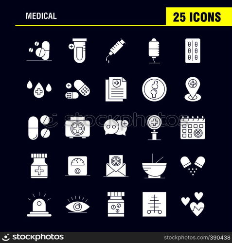 Medical Solid Glyph Icons Set For Infographics, Mobile UX/UI Kit And Print Design. Include: Medical, Medicine, Hospital, Healthcare, Medical, Tube, Lab, Plus, Eps 10 - Vector