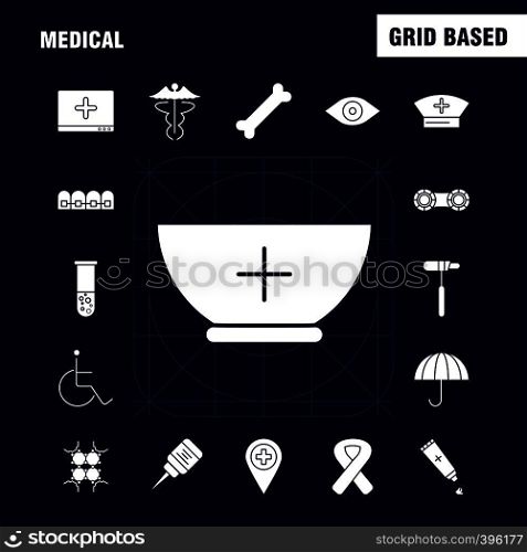 Medical Solid Glyph Icons Set For Infographics, Mobile UX/UI Kit And Print Design. Include: Dna, Science, Medical, Lab, First Aid Box, Medical, Eps 10 - Vector