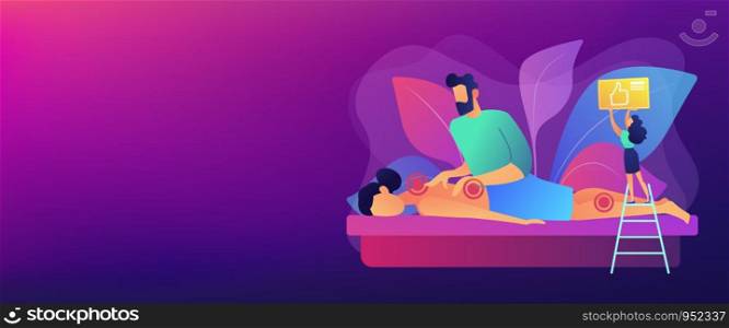 Medical spa procedure. Health care. Body pain and stress curing. Professional massage therapy, spa therapy services, treatment of body concept. Header or footer banner template with copy space.. Professional massage therapy concept banner header
