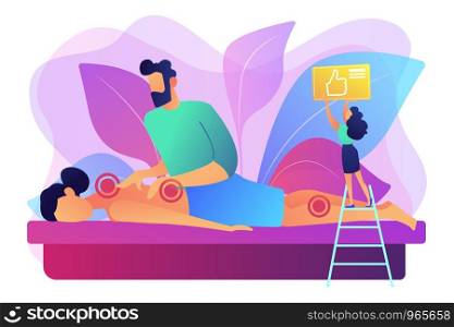 Medical spa procedure. Health care. Body pain and stress curing. Professional massage therapy, spa therapy services, treatment of body concept. Bright vibrant violet vector isolated illustration. Professional massage therapy concept vector illustration