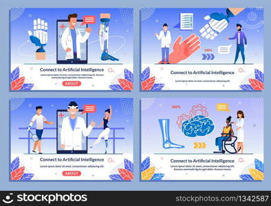 Medical Specialist Doctors in Uniform Offer AI Bionic Prostheses for Disabled People Flat Banner Set. Webpage for Application Supporting, Consulting Handicapped Person. Vector Cartoon Illustration. Doctors Offer AI Bionic Prostheses Banner Set