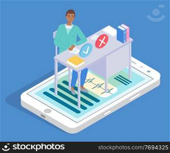 Medical specialist sits on huge cartoon smartphone, at the table and writes down data, consults patient online. Online medicine concept. Doctor in medical uniform. Diagnosis and treatment. Flat image. Doctor sits on the table on huge cartoon smartphone and consults patient online. Isometric image