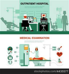 Medical Specialists Banners. Medical specialists banners with scenes of outpatient hospital and medical examination isolated vector illustration