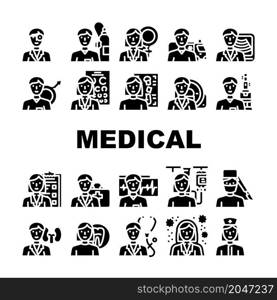 Medical Speciality Health Treat Icons Set Vector. Dentist And Oculist, Immunologist And Therapist, Gynecologist And Urologist Doctor Hospital Medical Speciality Glyph Pictograms Black Illustrations. Medical Speciality Health Treat Icons Set Vector