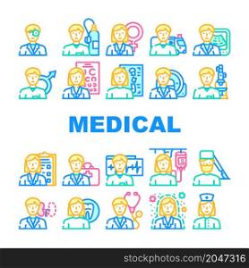 Medical Speciality Health Treat Icons Set Vector. Dentist And Oculist, Immunologist And Therapist, Gynecologist And Urologist Doctor Hospital Medical Speciality Line. Color Illustrations. Medical Speciality Health Treat Icons Set Vector