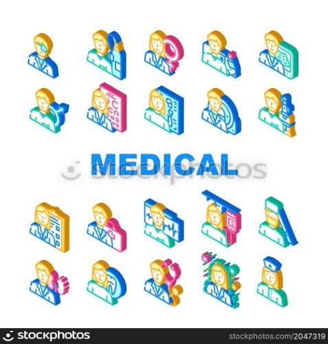 Medical Speciality Health Treat Icons Set Vector. Dentist And Oculist, Immunologist And Therapist, Gynecologist And Urologist Doctor Hospital Medical Speciality Isometric Sign Color Illustrations. Medical Speciality Health Treat Icons Set Vector
