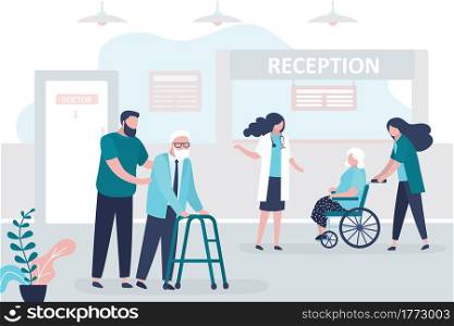 Medical staff and patients in reception hospital. Concept of healthcare and medicine. Doctors and nurse care for elderly. Consultation and medical diagnosis for illness people.Flat vector illustration. Medical staff and patients in reception hospital. Concept of healthcare and medicine. Doctors and nurse care for elderly