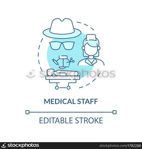 Medical staff blue concept icon. Doctors work with human traders abstract idea thin line illustration. Illicit organ transplantation. Vector isolated outline color drawing. Editable stroke. Medical staff blue concept icon