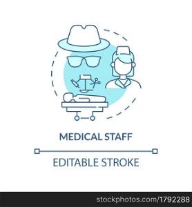 Medical staff blue concept icon. Doctors work with human traders abstract idea thin line illustration. Illicit organ transplantation. Vector isolated outline color drawing. Editable stroke. Medical staff blue concept icon
