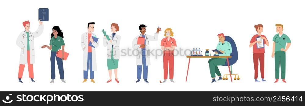 Medical staff, doctors, nurses. Health clinic and hospital workers in uniform. Vector flat set of medicine center team, people with stethoscope, x-ray image, blood test and clipboard. Hospital medical staff, doctors, nurses