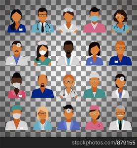 Medical staff icons. Doctors and nurses medical staffs avatars isolated on transparent background. Vector illustration. Medical staff avatars on transparent background