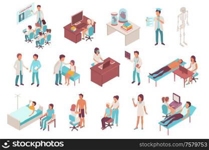 Medical staff isometric icons set of students nurse and interns working with patients isolated vector illustration