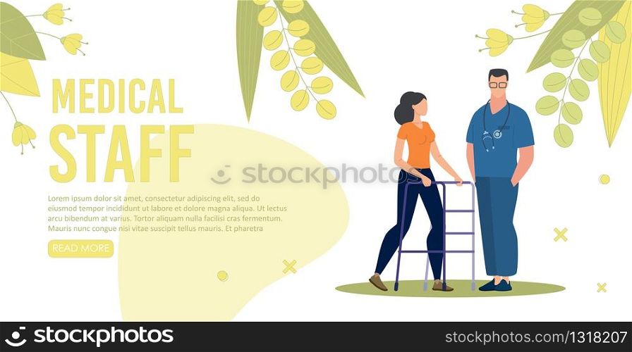 Medical Staff Service for Disabled Patients Trendy Flat Vector Web Banner, Landing Page Template. Doctor Assisting Patient, Disabled or Injured Woman to Learn Walk After Spine Trauma Illustration