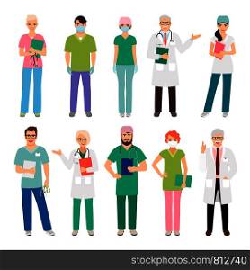 Medical staff standing people isolated on white background. Health practitioner doctor and healthcare nurse vector illustration. Medical staff standing people