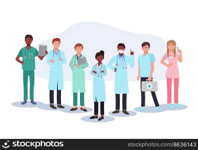 Medical staff team concept. A team of doctors in uniform standing together. Vector illustration. 