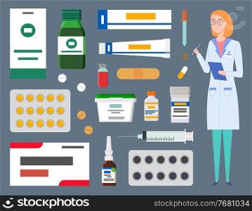 Medical staff, therapist woman, physician with clipboard, healthcare web icons, containers, jars, plates of pills, bottles with nasal drops, cream tube, container with capsules, treatment set. Medical staff, therapist woman, physician with clipboard, healthcare web icons, treatment set
