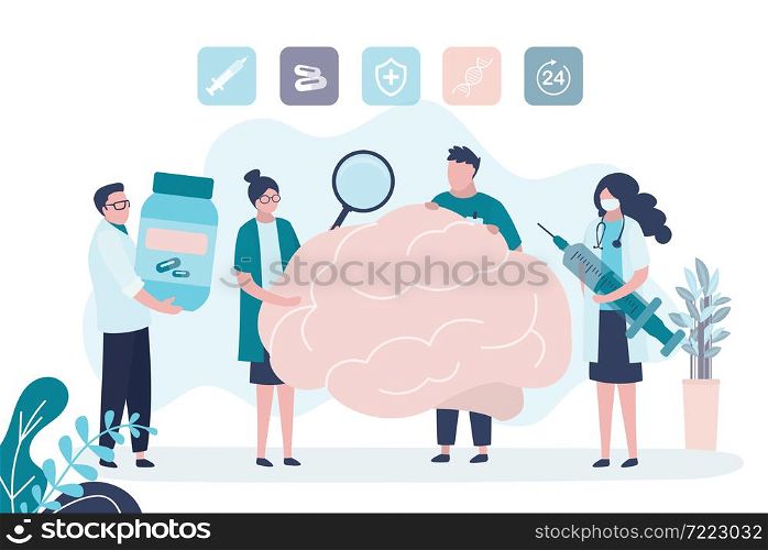 Medical staff treat brain disease. Group doctors and nurses in uniform. Women examine organ with magnifying glass. Concept of healthcare, diagnostics and treatment. Trendy flat vector illustration. Medical staff treat brain disease. Group doctors and nurses in uniform. Women examine organ with magnifying glass
