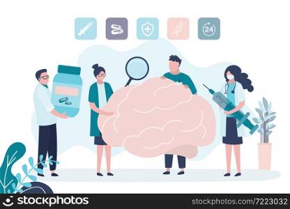 Medical staff treat brain disease. Group doctors and nurses in uniform. Women examine organ with magnifying glass. Concept of healthcare, diagnostics and treatment. Trendy flat vector illustration. Medical staff treat brain disease. Group doctors and nurses in uniform. Women examine organ with magnifying glass