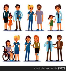 Medical staff with patients. Nurses and doctors with sick person vector cartoon characters set. Illustration of medical doctor and patient cartoon, nurse and people. Medical staff with patients. Nurses and doctors with sick person vector cartoon characters set