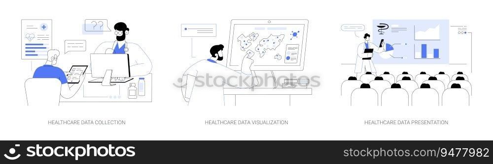 Medical statistics abstract concept vector illustration set. Healthcare data collection, healthcare data visualization and presentation, epidemiological forecasting, patient survey abstract metaphor.. Medical statistics abstract concept vector illustrations.