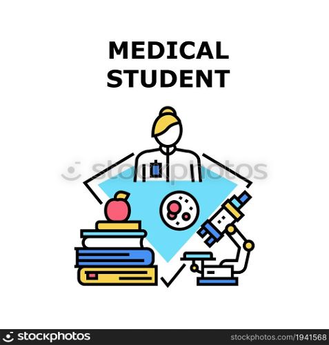 Medical Student Vector Icon Concept. Medical Student Studying In Medicine University And Learning Science. Researching Analysis With Microscope Laboratory Equipment Color Illustration. Medical Student Vector Concept Color Illustration