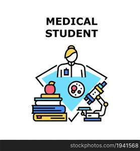 Medical Student Vector Icon Concept. Medical Student Studying In Medicine University And Learning Science. Researching Analysis With Microscope Laboratory Equipment Color Illustration. Medical Student Vector Concept Color Illustration