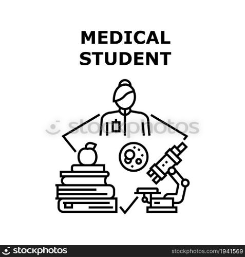 Medical Student Vector Icon Concept. Medical Student Studying In Medicine University And Learning Science. Researching Analysis With Microscope Laboratory Equipment Black Illustration. Medical Student Vector Concept Color Illustration
