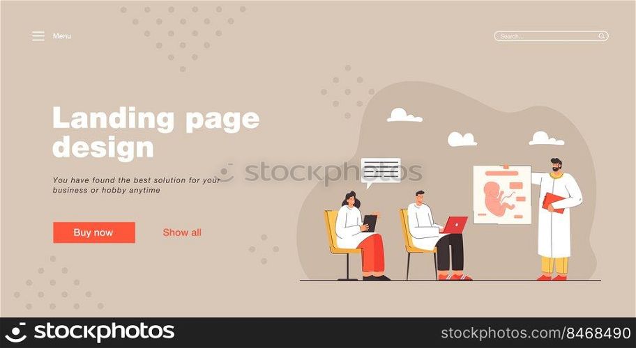 Medical students at lecture vector illustration. Male and female students listening to teacher. Doctor showing illustration of human fetus. Education concept for banner, website design or landing page