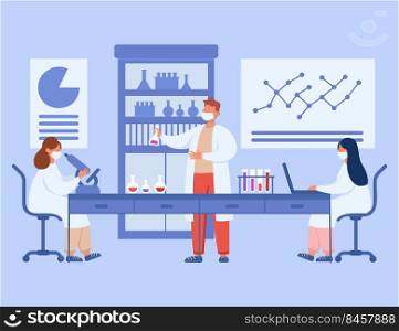 Medical students in laboratory flat vector illustration. Group of cartoon scientists making research, conducting test, creating medicine for covid in lab. Science, chemistry concept.