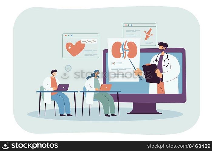 Medical students watching webinar during class. Professional doctor training specialists through podcast on virtual platform flat vector illustration. Online education, healthcare, medicine concept