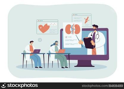 Medical students watching webinar during class. Professional doctor training specialists through podcast on virtual platform flat vector illustration. Online education, healthcare, medicine concept