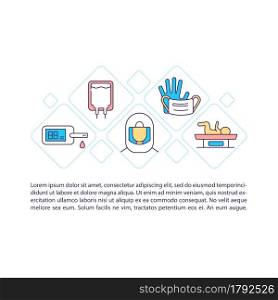 Medical supplies donation concept line icons with text. PPT page vector template with copy space. Brochure, magazine, newsletter design element. Biomedical devices linear illustrations on white. Medical supplies donation concept line icons with text.