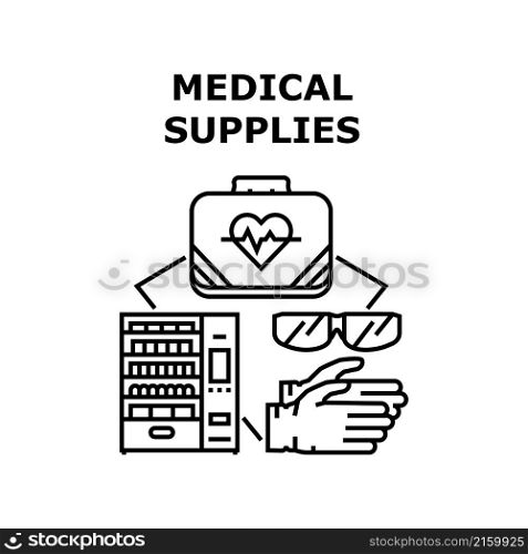 Medical supplies pharmacy medicine. health hospital equipment. doctor supplies. emergency treatment vector concept black illustration. Medical supplies icon vector illustration